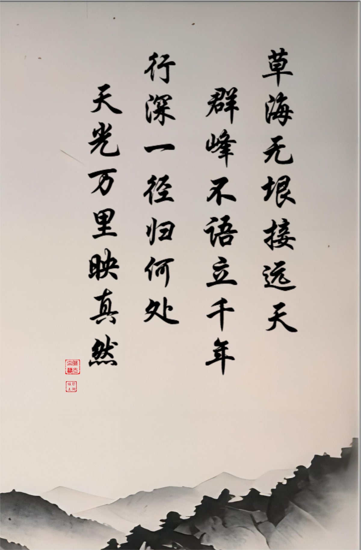 A Path Toward the Heart's Return, black brush characters in vertical lines with the Studio seal and Name seal