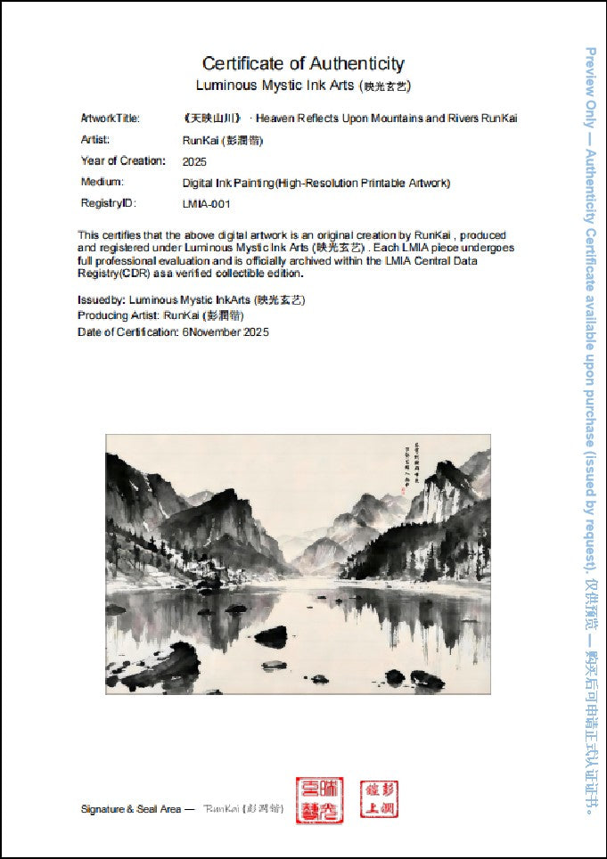 Sample Certificate of Authenticity (preview) for Heaven Reflects Upon Mountains and Rivers, registry ID LMIA-001, limited edition of 50