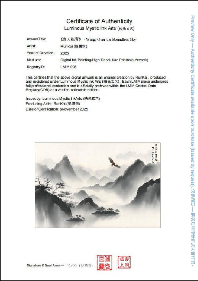 Sample Certificate of Authenticity (preview) for Wings Over the Boundless Sky, registry ID LMIA-008, limited edition of 50