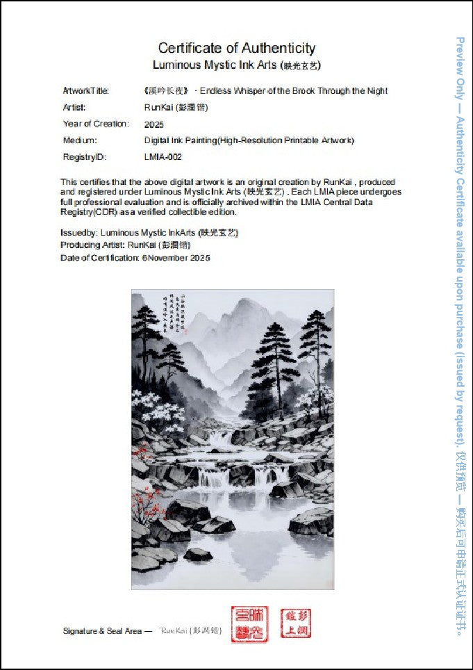 Sample Certificate of Authenticity (preview) for Endless Whisper of the Brook Through the Night, registry ID LMIA-002, limited edition of 50