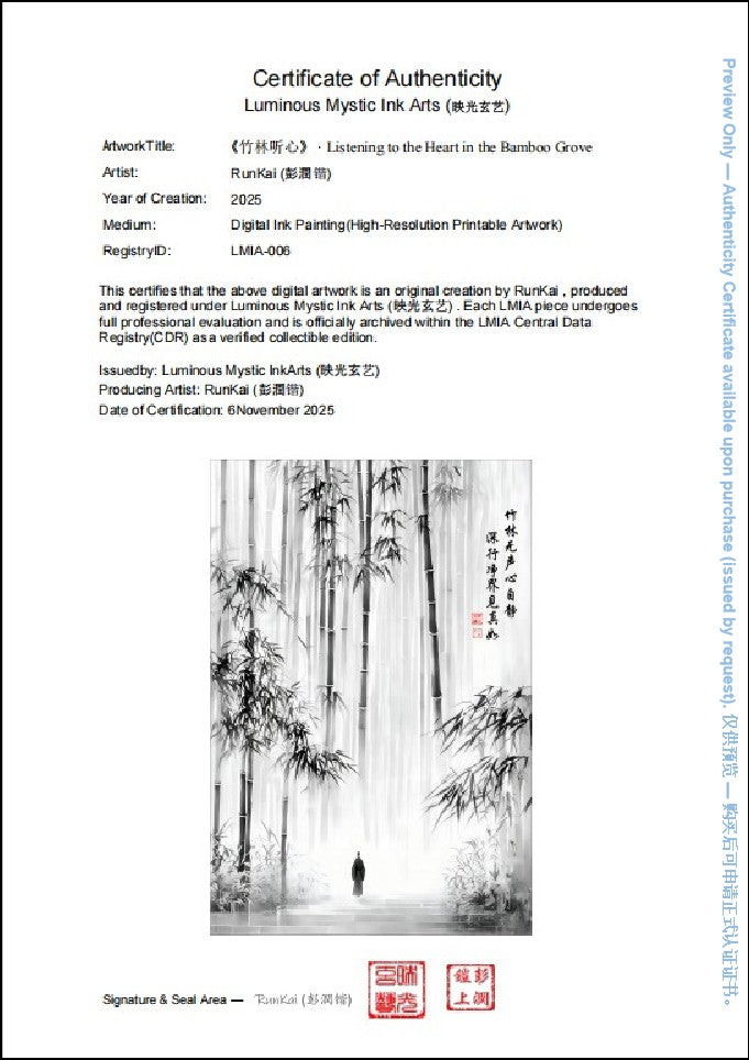 Sample Certificate of Authenticity (preview) for Listening to the Heart in the Bamboo Grove, registry ID LMIA-006, limited edition of 50