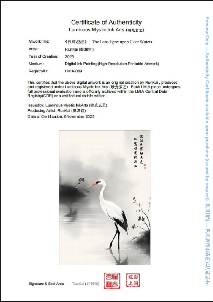 Sample Certificate of Authenticity (preview) for The Lone Egret upon Clear Waters, registry ID LMIA-009, limited edition of 50