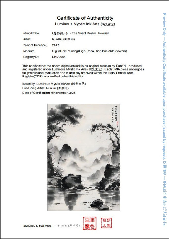 Sample Certificate of Authenticity (preview) for The Silent Realm Unveiled, registry ID LMIA-004, limited edition of 50