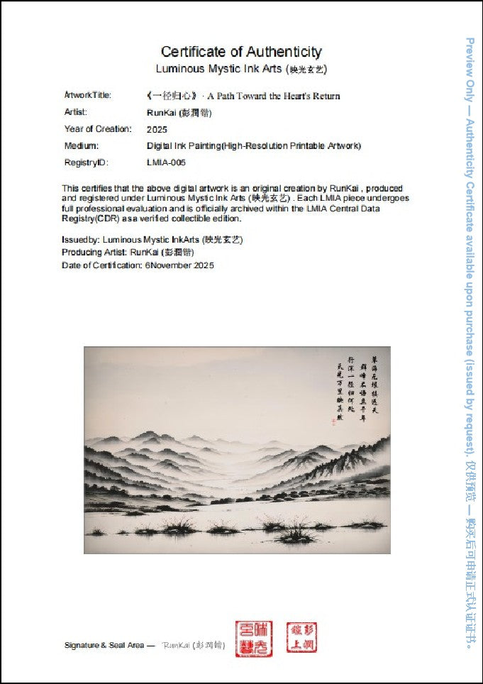 Sample Certificate of Authenticity (preview) for A Path Toward the Heart's Return, registry ID LMIA-005, limited edition of 50