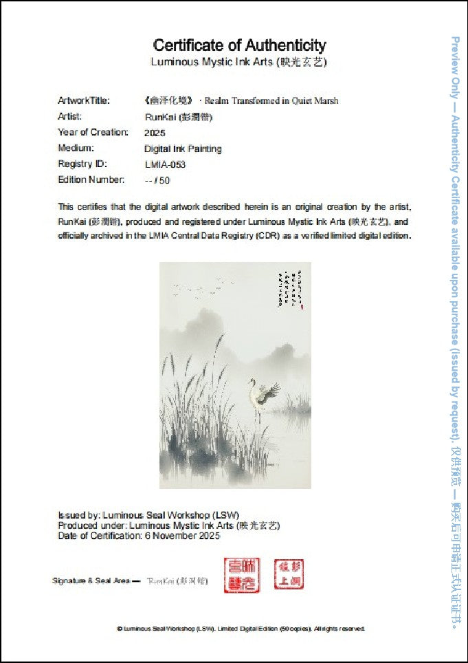 Sample Certificate of Authenticity (preview) for Realm Transformed in Quiet Marsh, issued by Luminous Seal Workshop, registry ID LMIA-053, limited edition of 50