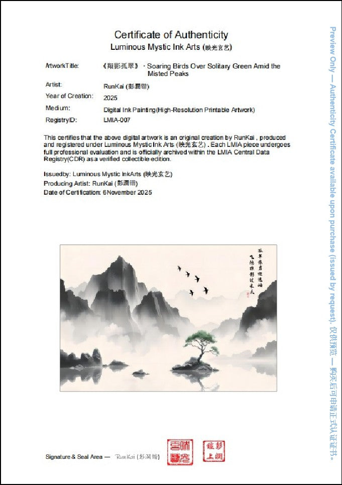 Sample Certificate of Authenticity (preview) for Soaring Birds Over Solitary Green Amid the Misted Peaks, registry ID LMIA-007, limited edition of 50