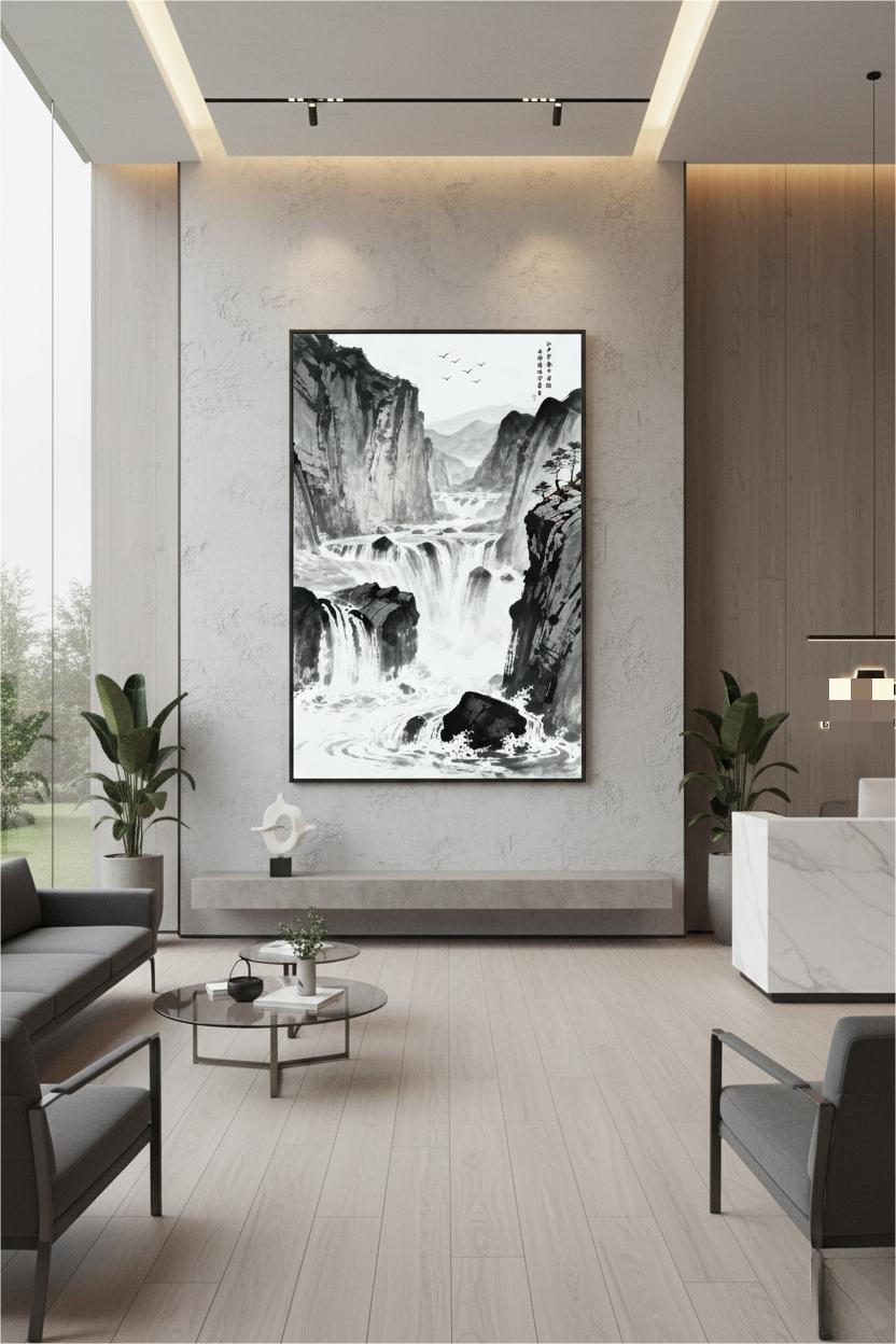 The River Carves Through Stone ink painting in a black frame above a stone ledge with lounge seating in a corporate lobby