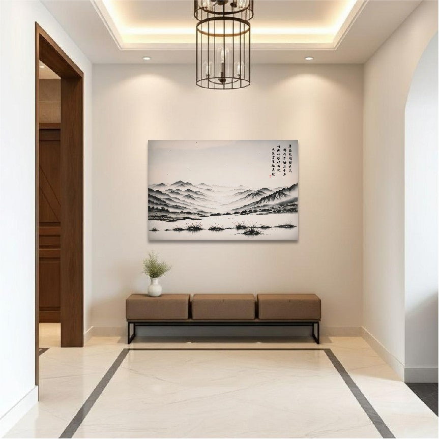 A Path Toward the Heart's Return ink painting, unframed, above a brown bench in an entryway.