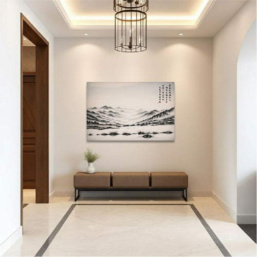A Path Toward the Heart's Return ink painting, unframed, above a brown bench in an entryway.