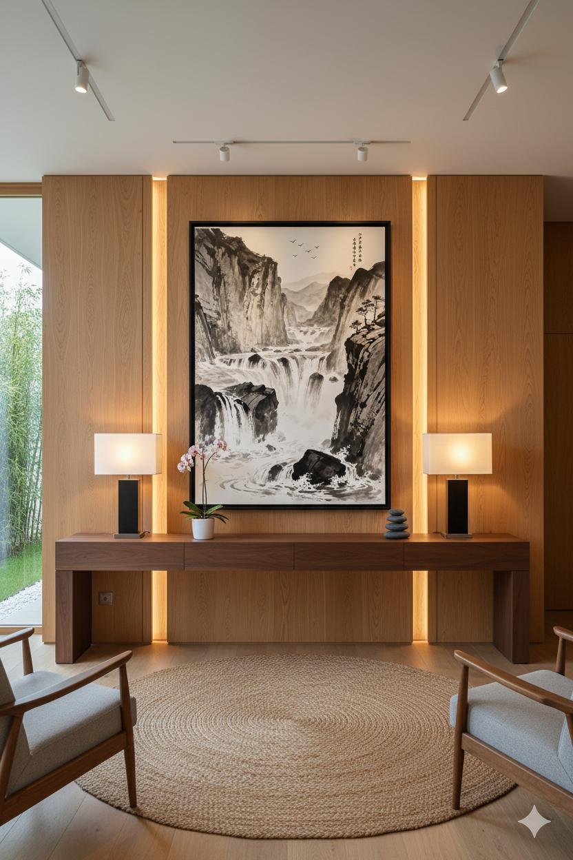 The River Carves Through Stone ink painting in a black frame above a wooden console table in a foyer