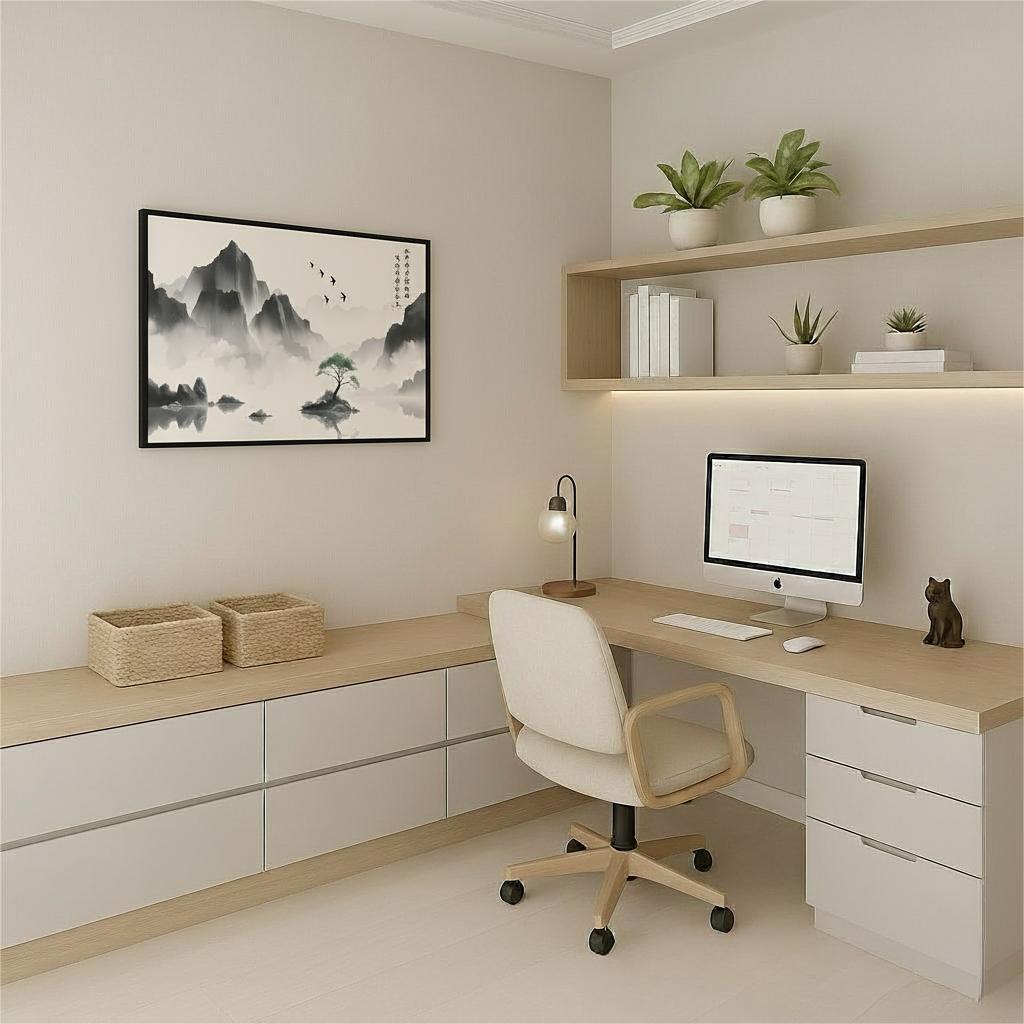 Soaring Birds Over Solitary Green Amid the Misted Peaks ink painting in a black frame above a light wood desk in a home office.