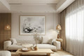 Lotus Grace Clear Light ink painting in a light wood frame above a sofa in a Japandi living room.