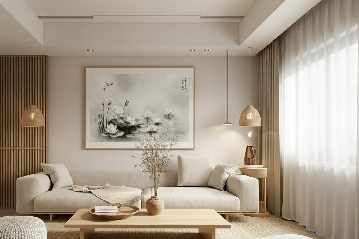 Lotus Grace Clear Light ink painting in a light wood frame above a sofa in a Japandi living room.