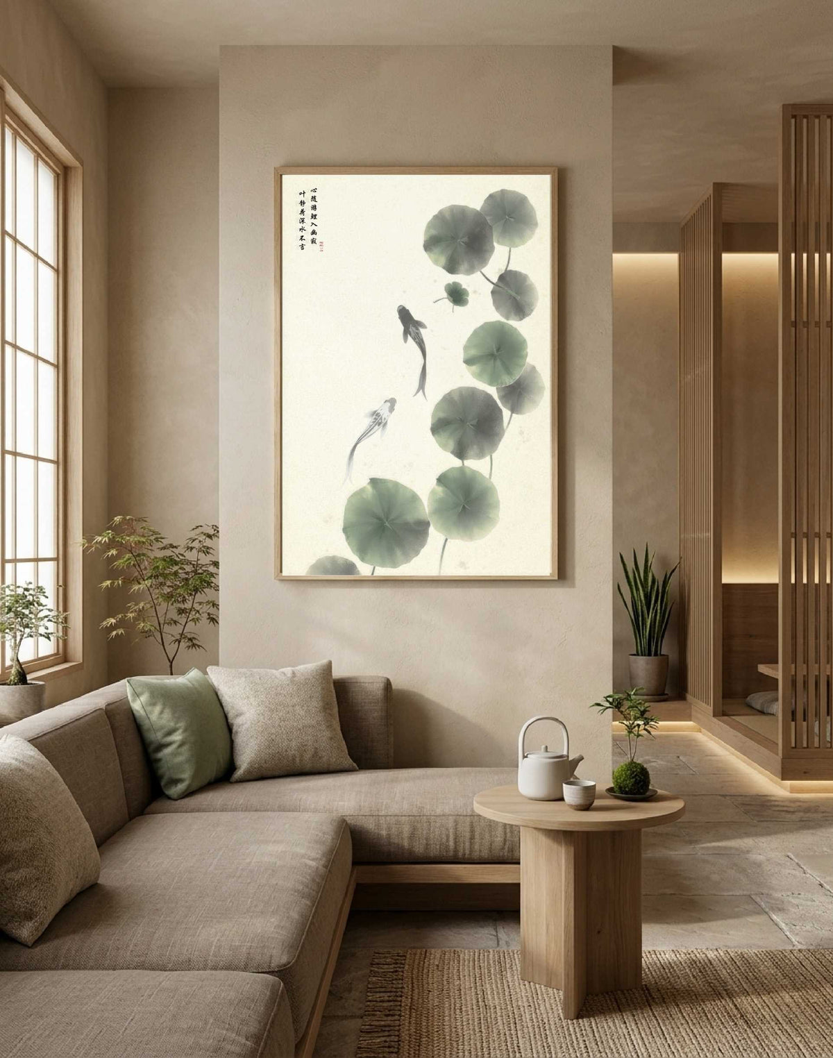 The Heart Observing in Still Waters ink painting in a light wood frame above a sectional sofa in a Japandi hospitality interior.