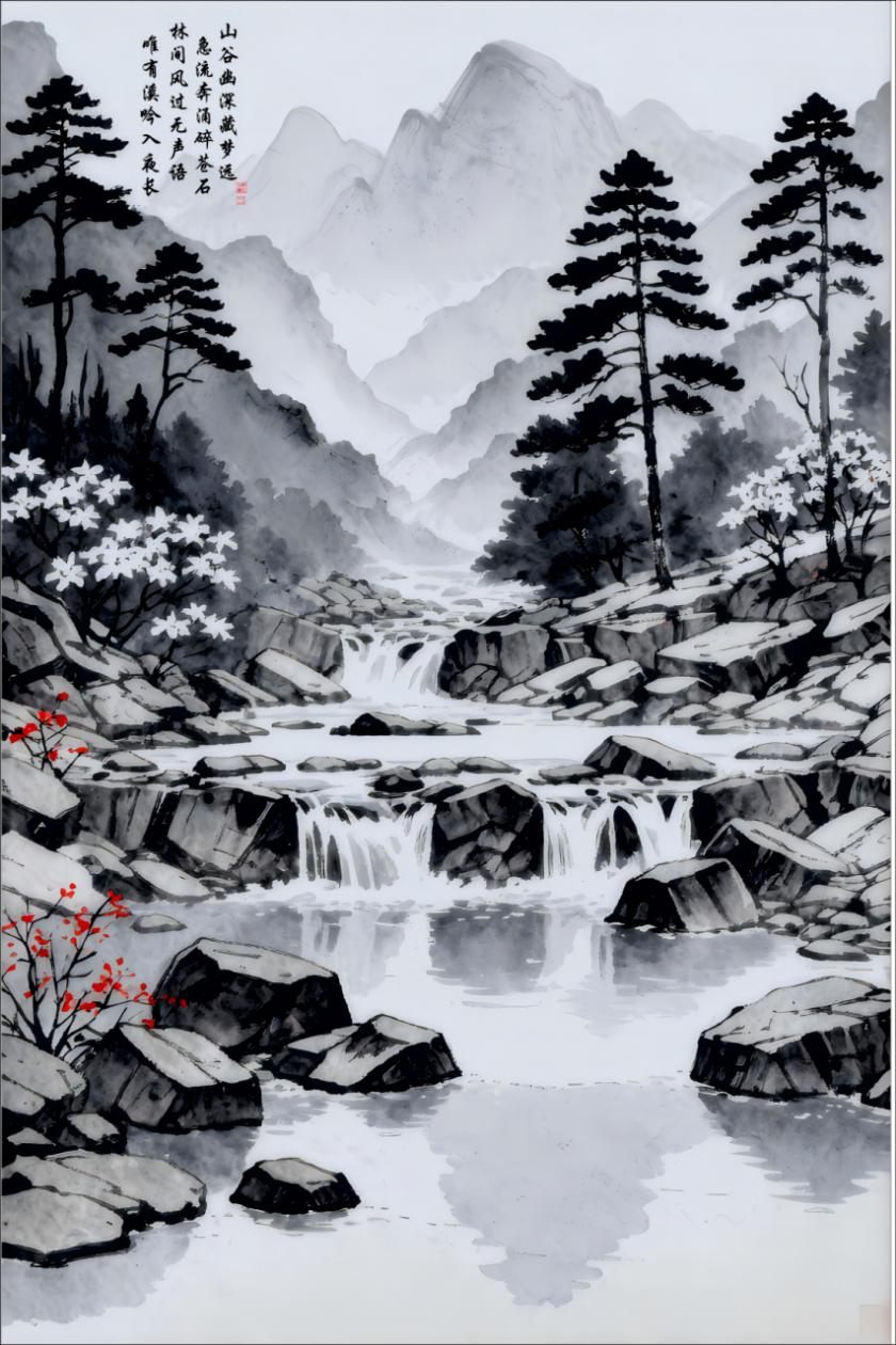 Endless Whisper of the Brook Through the Night, flat artwork, 2:3 (22×33) print ratio