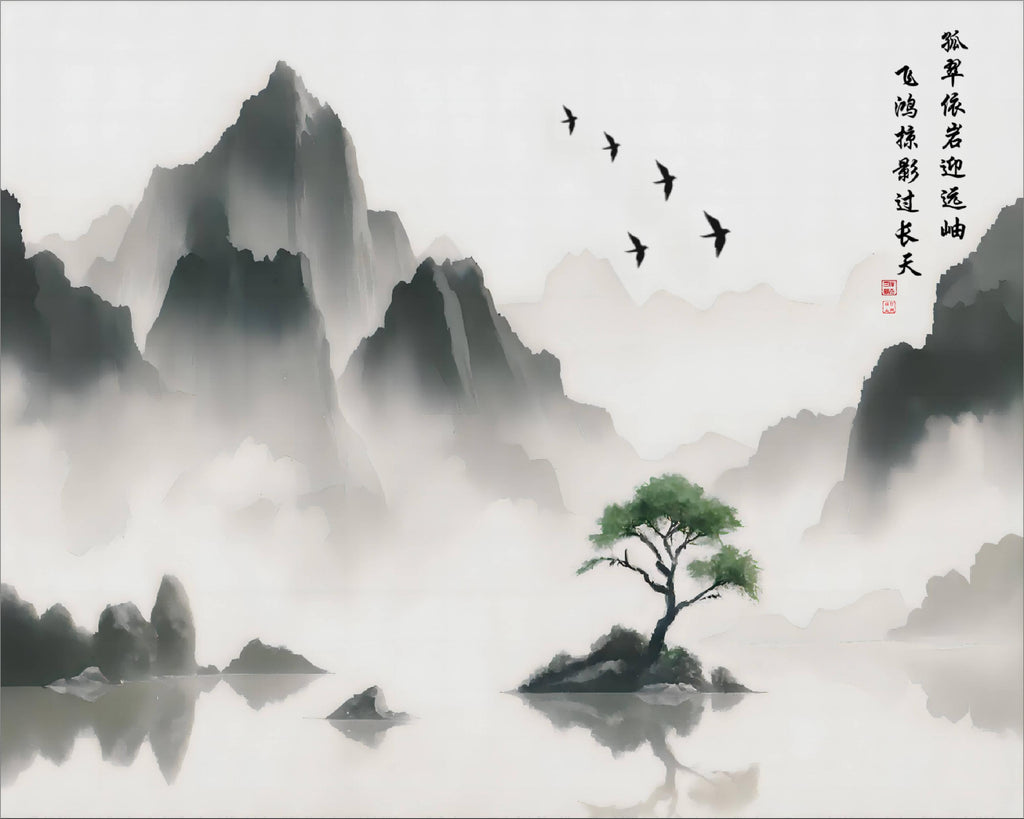 Soaring Birds Over Solitary Green Amid the Misted Peaks, flat artwork, 4:5 (24×30) print ratio