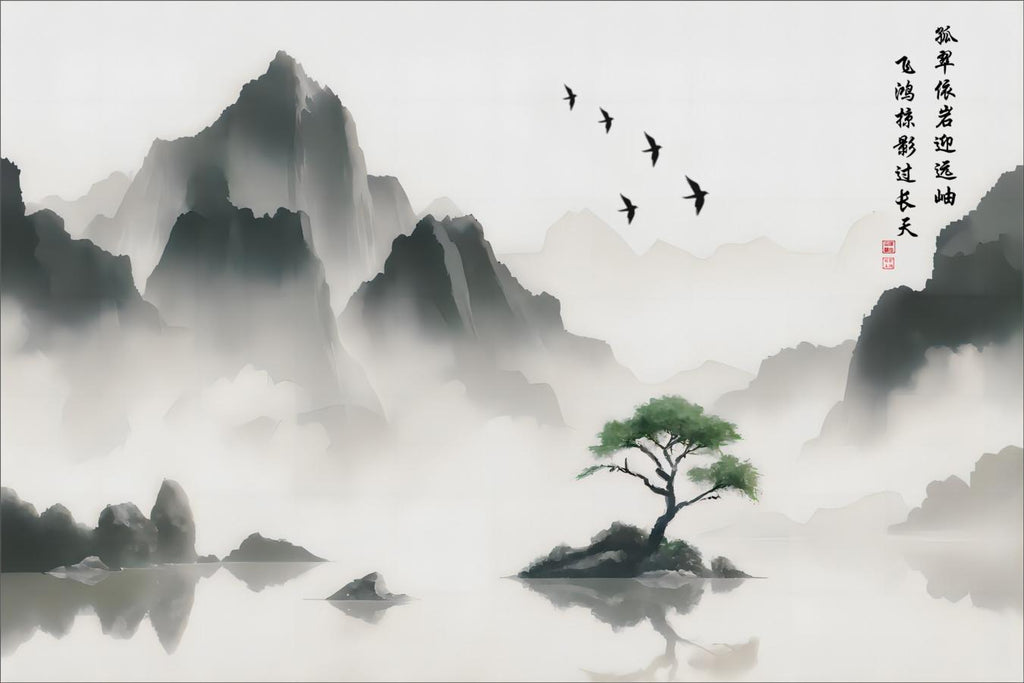 Soaring Birds Over Solitary Green Amid the Misted Peaks, flat artwork, 2:3 (22×33) print ratio