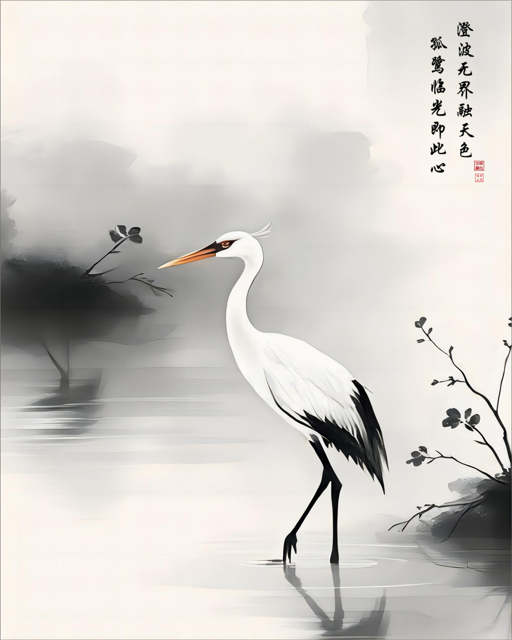The Lone Egret upon Clear Waters, flat artwork, 4:5 (24×30) print ratio