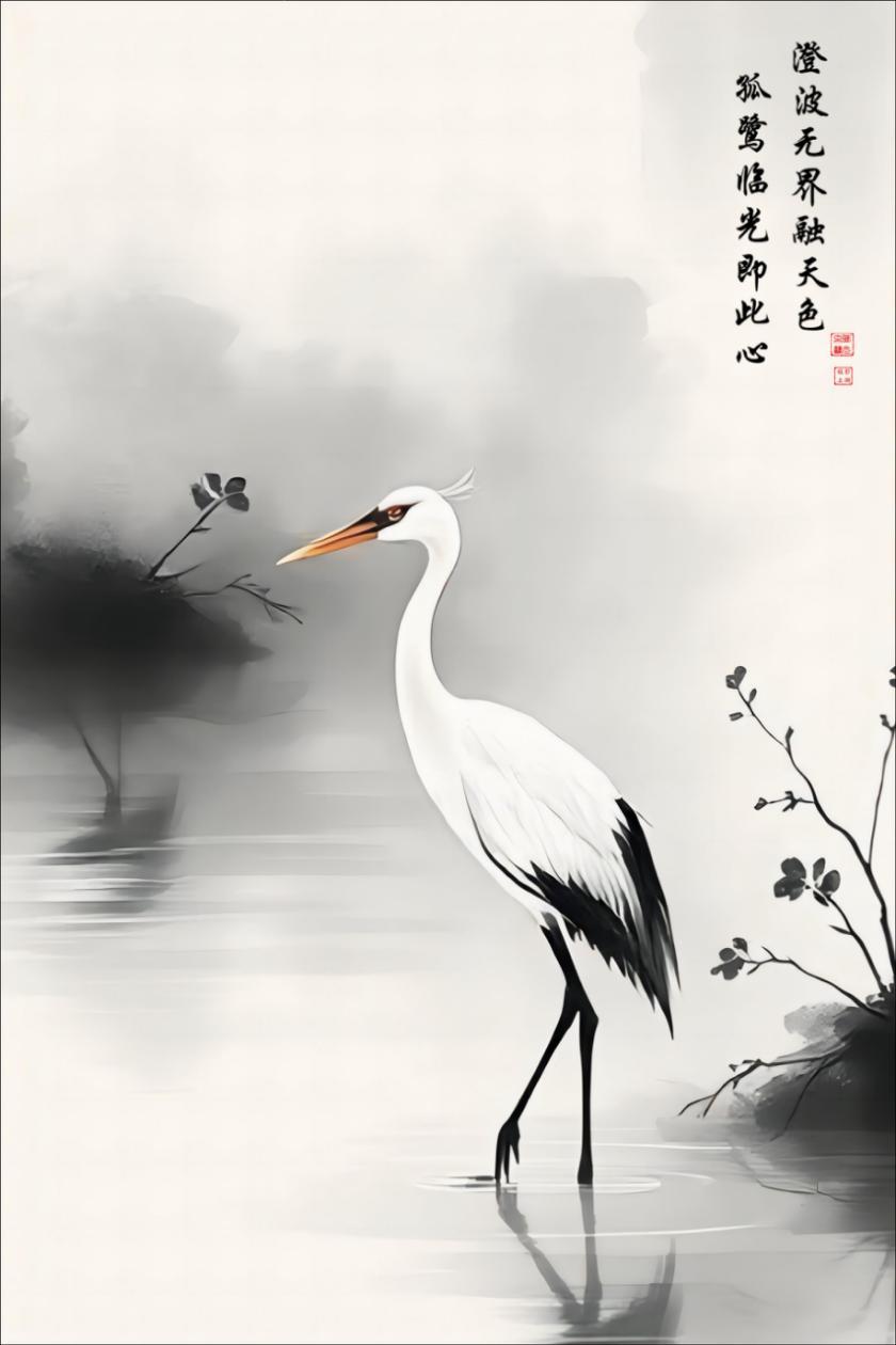 The Lone Egret upon Clear Waters, flat artwork, 2:3 (22×33) print ratio