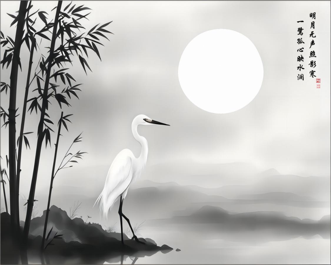 LMIA-013 《清月鹭影》 · Heron Beneath the Silent Moon