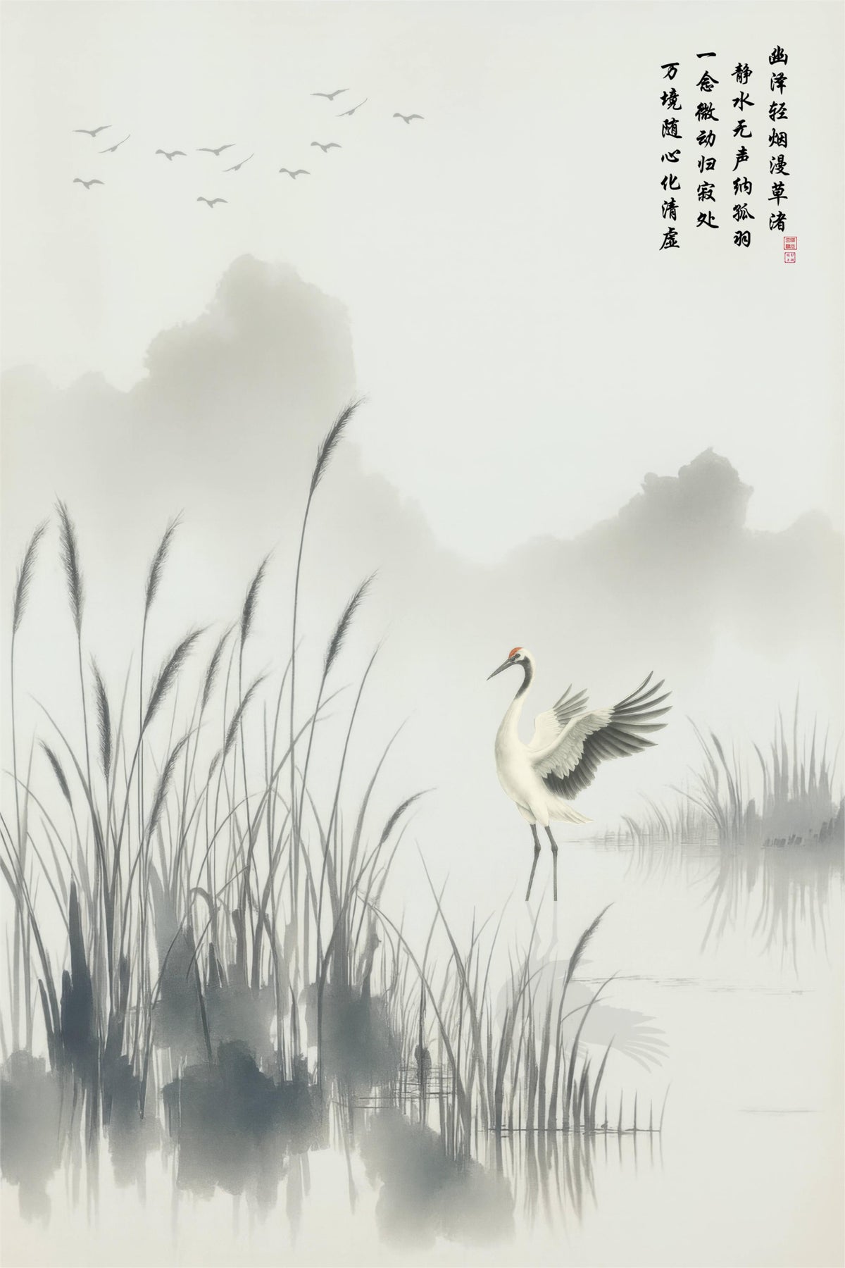 Realm Transformed in Quiet Marsh, ink painting of a white crane among reeds in misty water, with distant birds and vertical calligraphy, shown in 2:3 ratio
