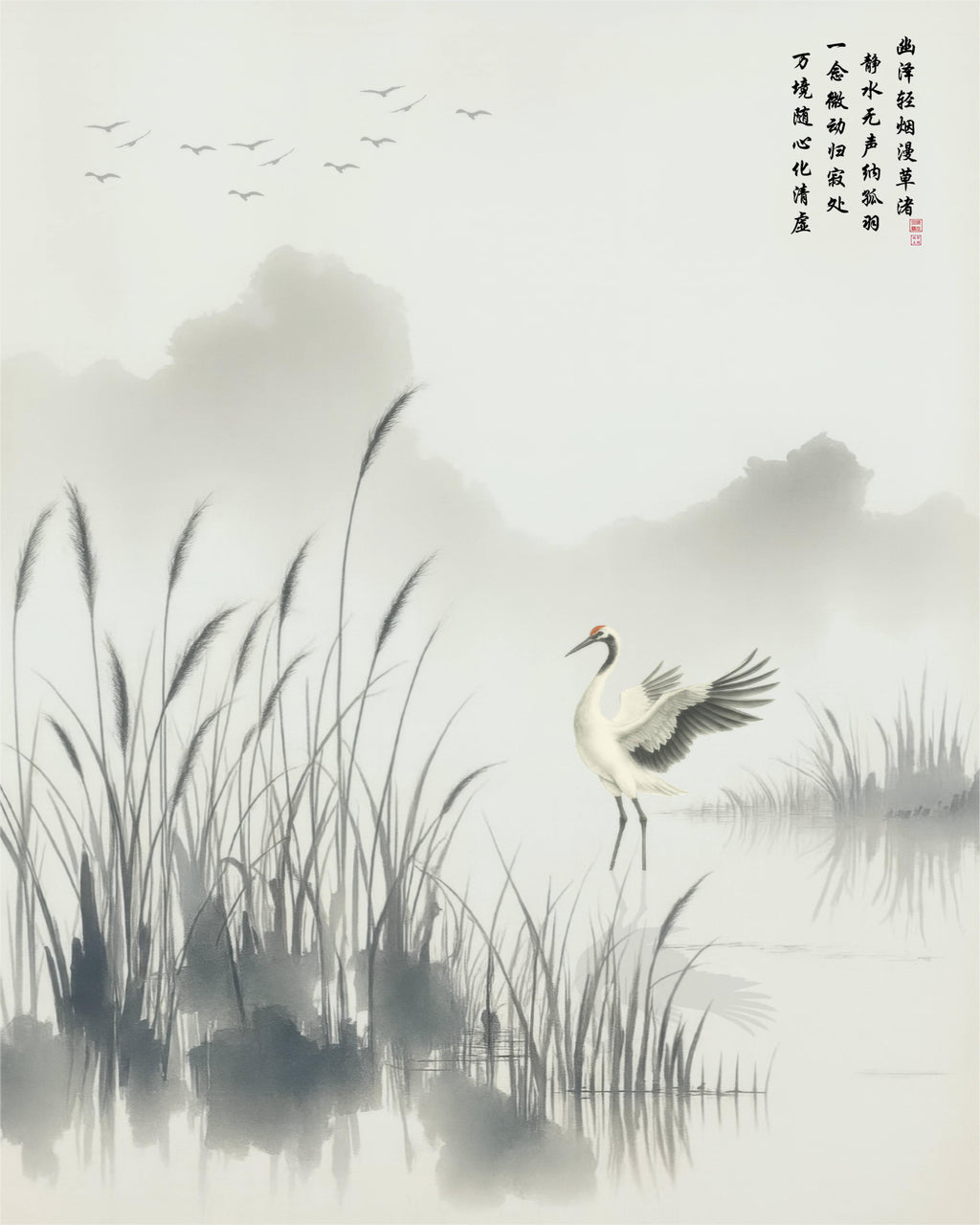 Realm Transformed in Quiet Marsh, ink painting of a white crane among reeds in misty water, with distant birds and vertical calligraphy, shown in 4:5 ratio (24x30)