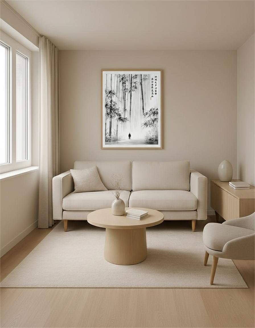 Listening to the Heart in the Bamboo Grove ink painting in a light wood frame above a beige sofa in a living area.