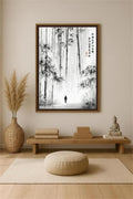 Listening to the Heart in the Bamboo Grove ink painting in a dark brown frame above a wooden bench in a meditation corner.