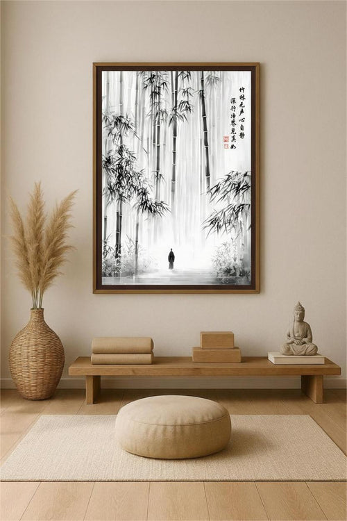 Listening to the Heart in the Bamboo Grove ink painting in a dark brown frame above a wooden bench in a meditation corner.