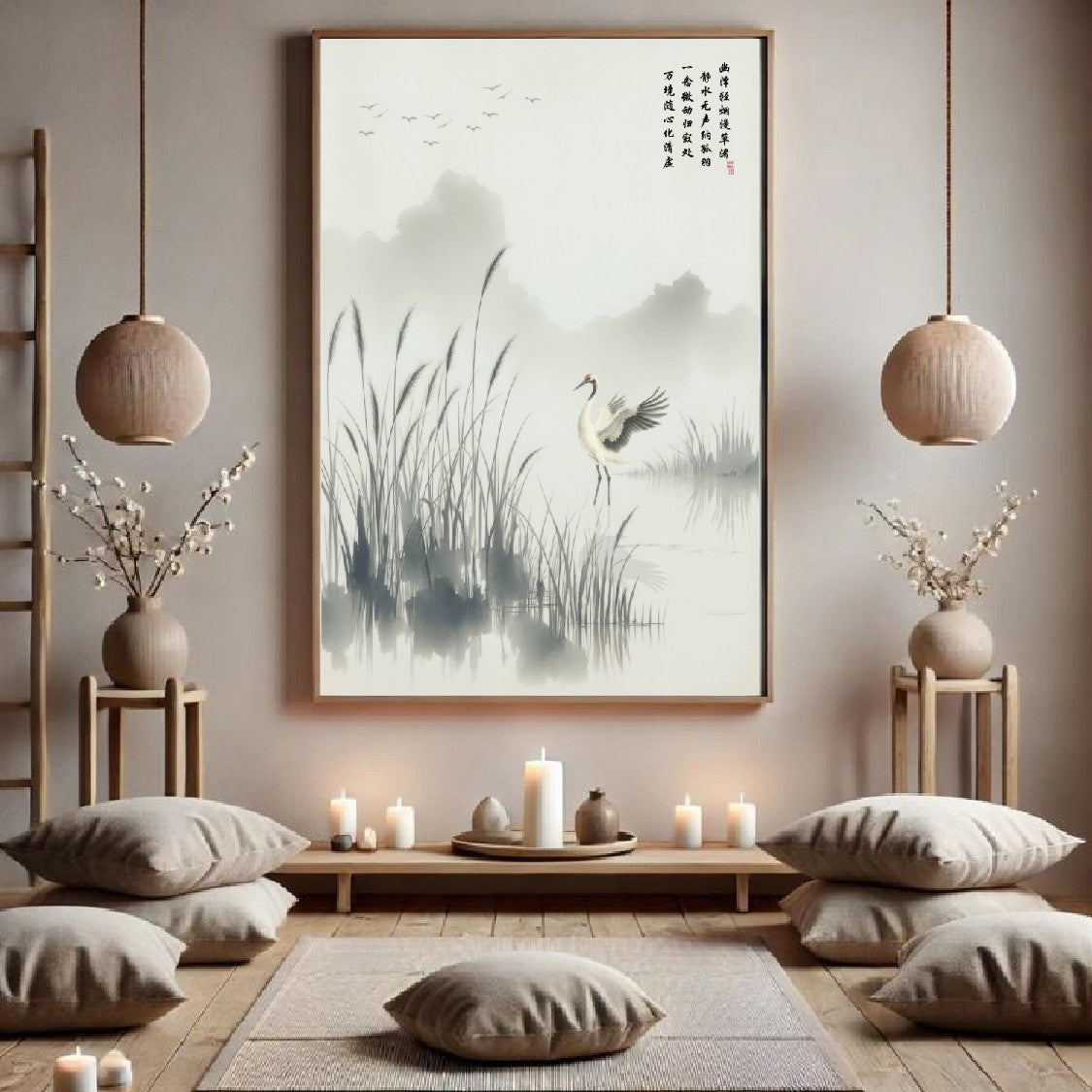 Realm Transformed in Quiet Marsh, ink painting of reeds and a crane in mist, framed in a warm minimalist meditation room