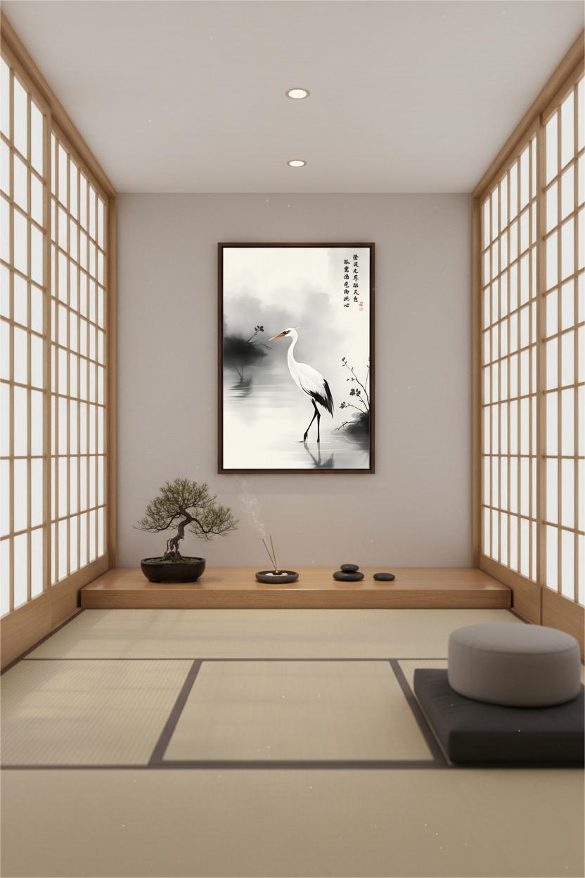 The Lone Egret upon Clear Waters ink painting in a black frame above a low wooden platform in a meditation room.