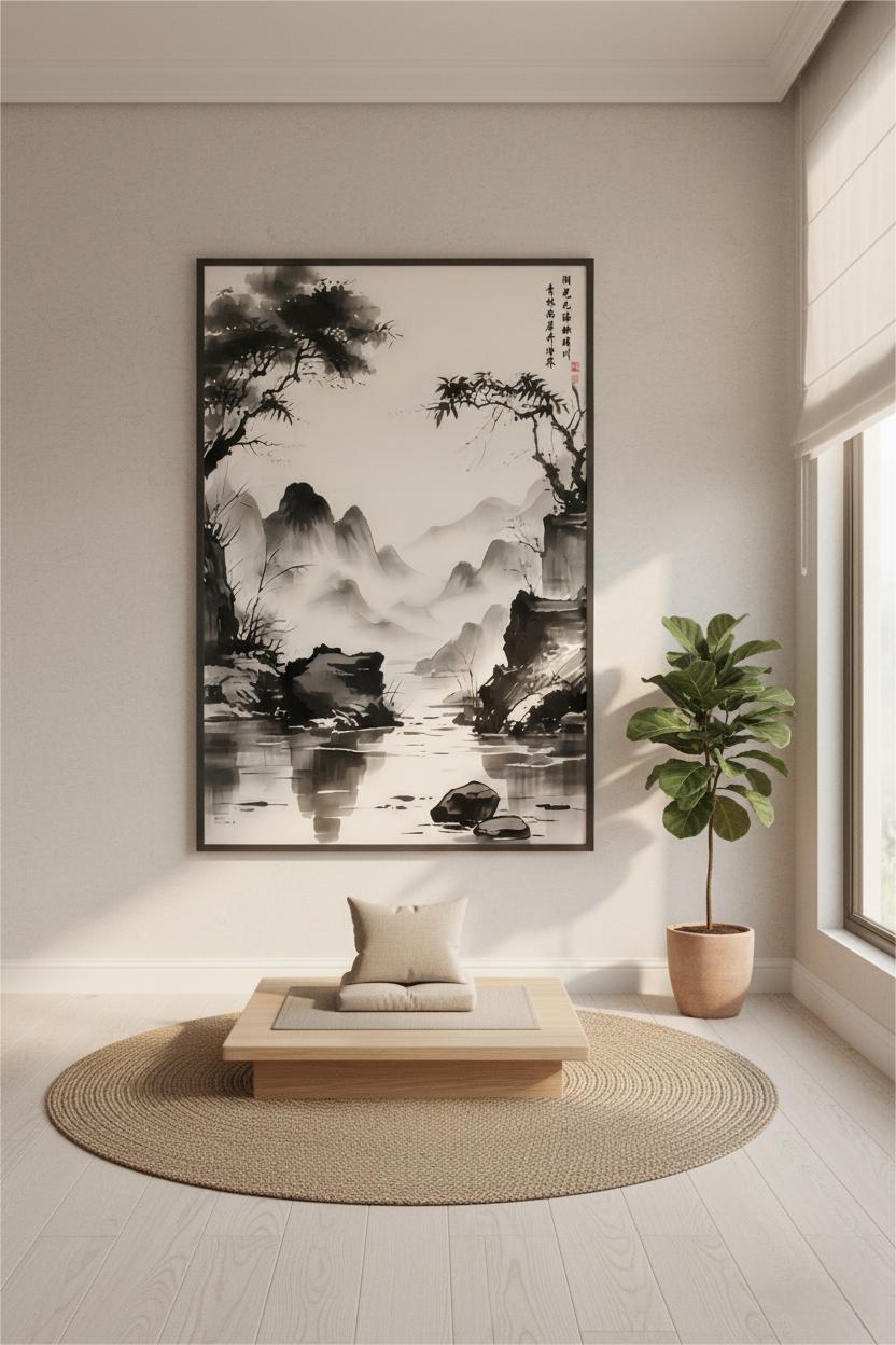 The Silent Realm Unveiled ink painting in a black frame above a low wooden bench and round rug in a meditation space