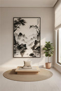 The Silent Realm Unveiled ink painting in a black frame above a low wooden bench and round rug in a meditation space