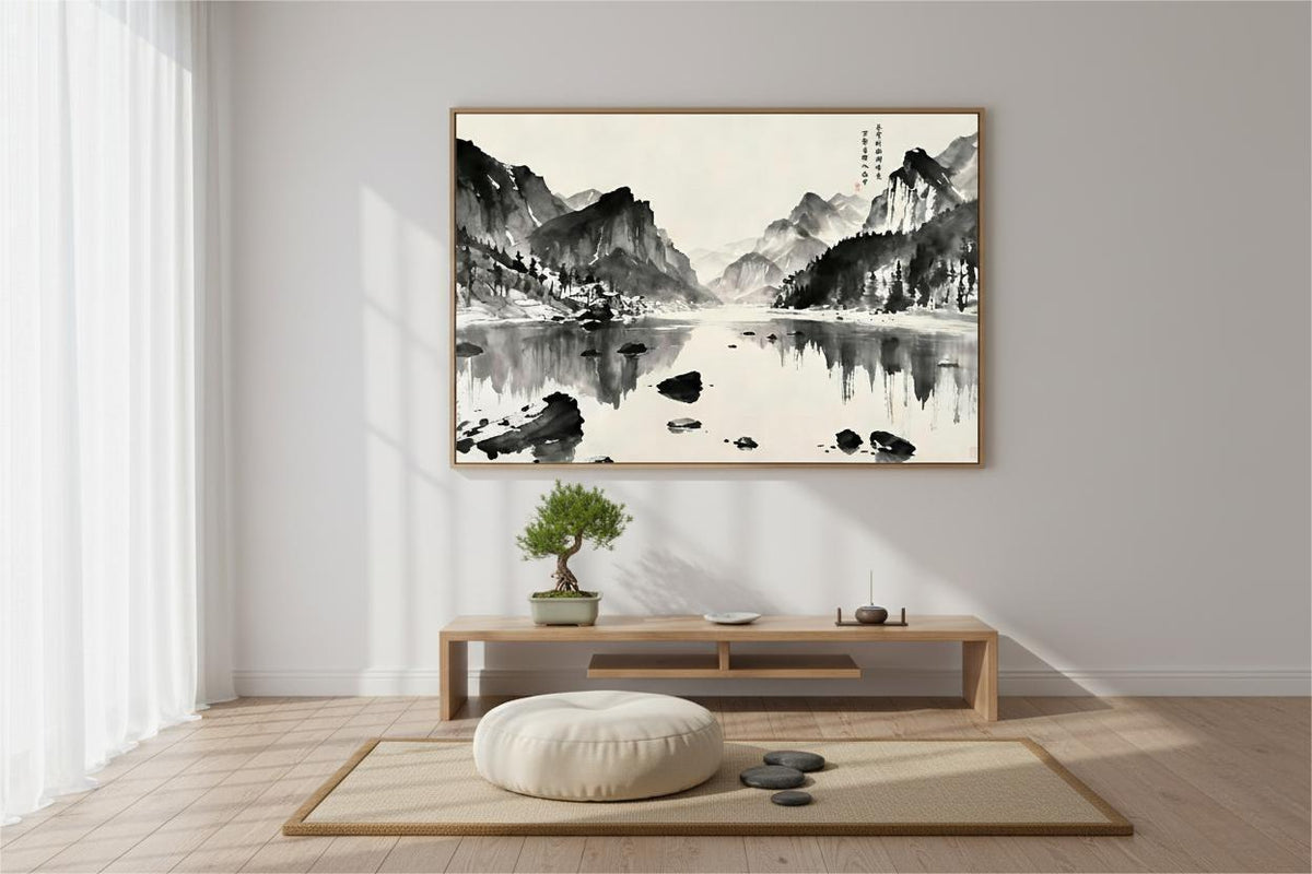 Heaven Reflects Upon Mountains and Rivers ink painting framed above a low table and floor cushion in a meditation room