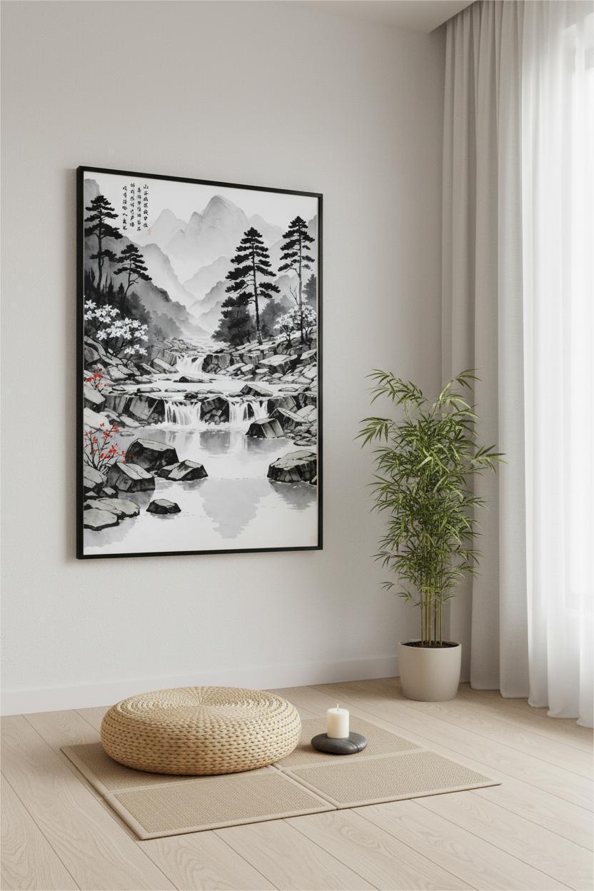 Endless Whisper of the Brook Through the Night ink painting in a black frame above a woven floor cushion in a meditative space