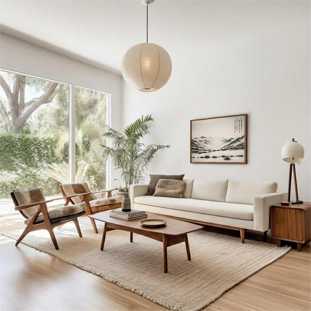 A Path Toward the Heart's Return ink painting in a wooden frame above a cream sofa in a minimalist living room.