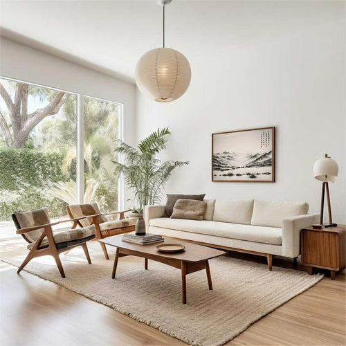A Path Toward the Heart's Return ink painting in a wooden frame above a cream sofa in a minimalist living room.