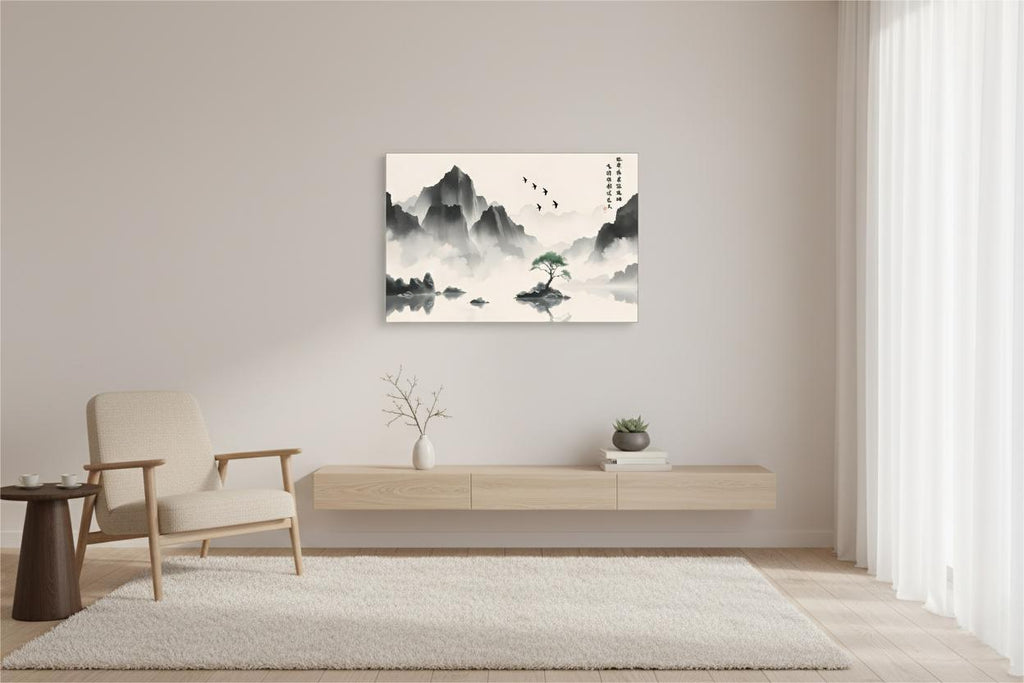Soaring Birds Over Solitary Green Amid the Misted Peaks ink painting, unframed, above a light wood floating console in a minimalist interior space.