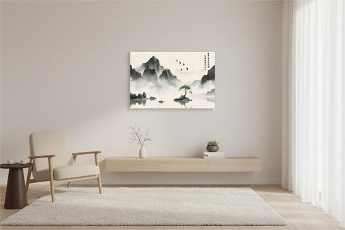 Soaring Birds Over Solitary Green Amid the Misted Peaks ink painting, unframed, above a light wood floating console in a minimalist interior space.