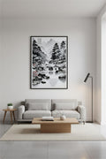 Endless Whisper of the Brook Through the Night ink painting in a black frame above a grey sofa in a minimalist living room