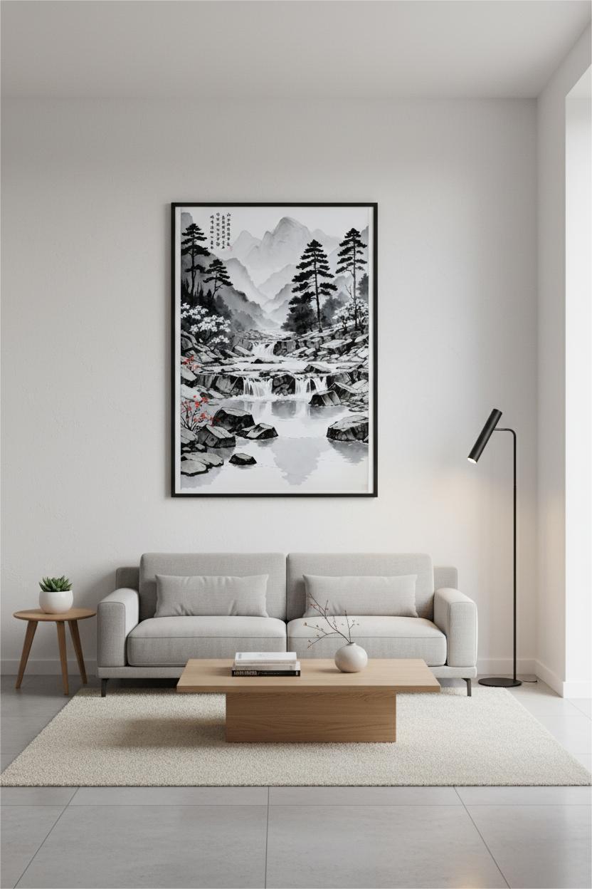 Endless Whisper of the Brook Through the Night ink painting in a black frame above a grey sofa in a minimalist living room