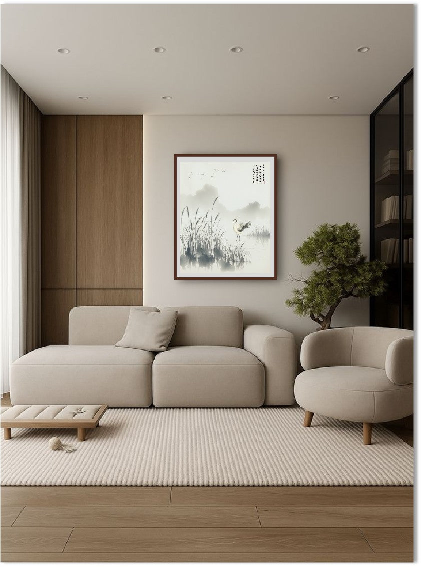 Realm Transformed in Quiet Marsh, ink painting of reeds and a crane in mist, framed in a warm minimalist living room
