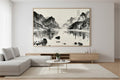 Heaven Reflects Upon Mountains and Rivers ink painting framed above a low sideboard in a minimalist living room