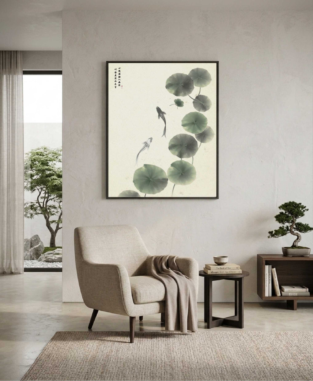 The Heart Observing in Still Waters ink painting in a black frame above an armchair in a minimalist reading area.