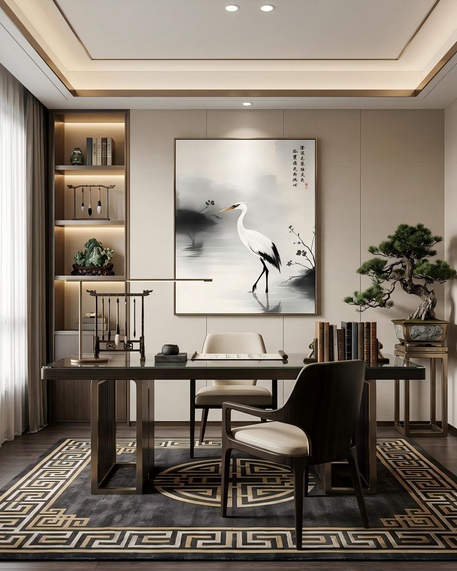 The Lone Egret upon Clear Waters ink painting, unframed, above a dark wood desk in a modern Chinese study room.