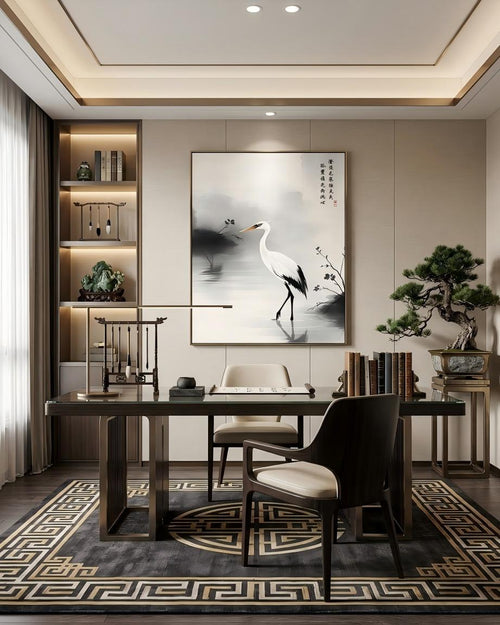 The Lone Egret upon Clear Waters ink painting, unframed, above a dark wood desk in a modern Chinese study room.