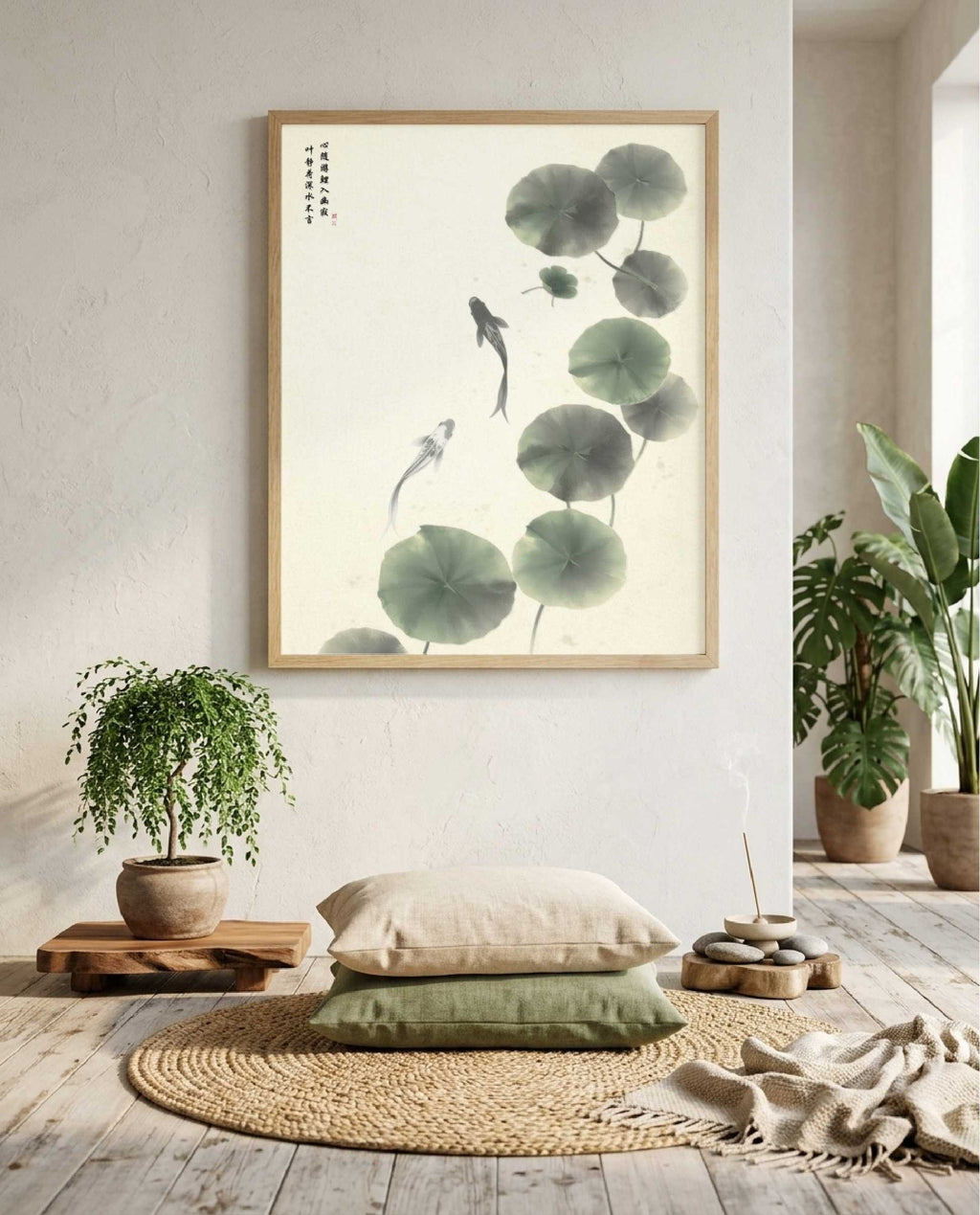 The Heart Observing in Still Waters ink painting in a light wood frame above floor cushions in a meditation corner.