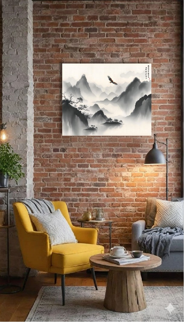 Wings Over the Boundless Sky ink painting, unframed, above a yellow armchair in a New York style living area.