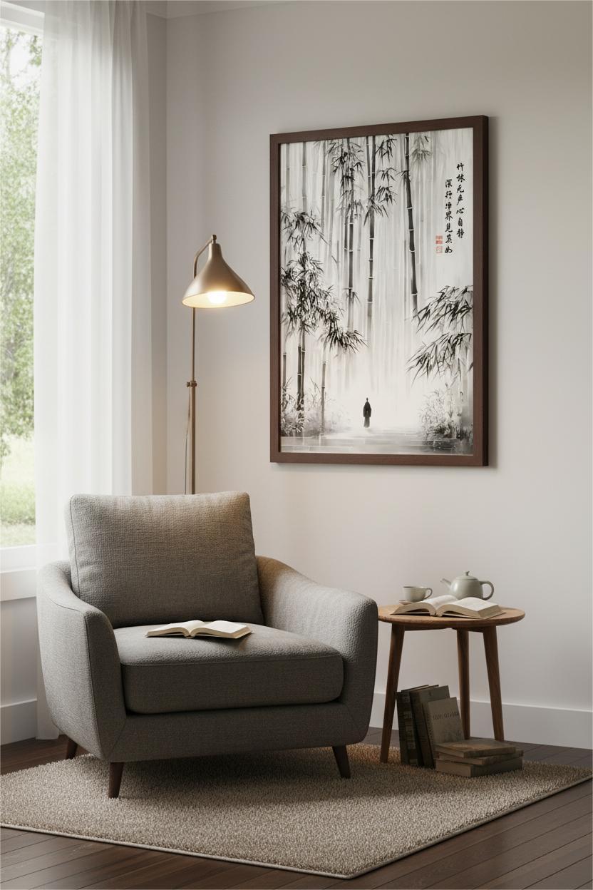 Listening to the Heart in the Bamboo Grove ink painting in a dark brown frame above a gray armchair in a reading corner.