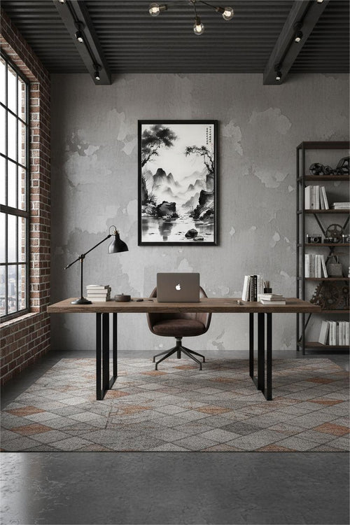 The Silent Realm Unveiled ink painting in a black frame above a desk on a grey wall in a study room